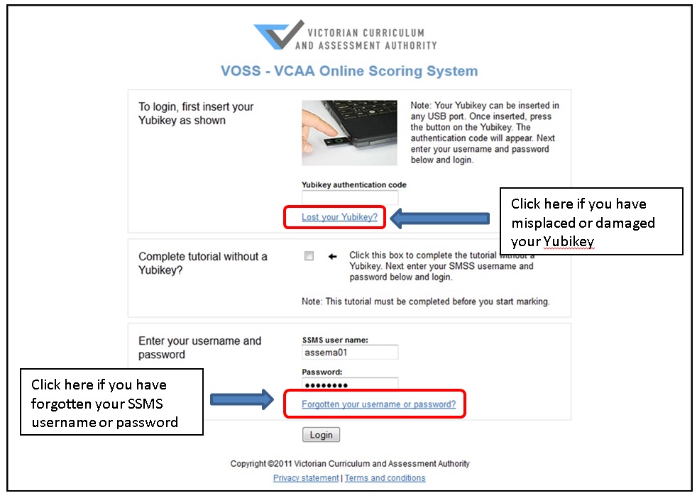 Figure 3: VOSS Login Page (outside the VCAA network)