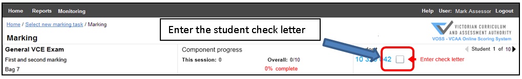 Figure 18: Enter student check letter.